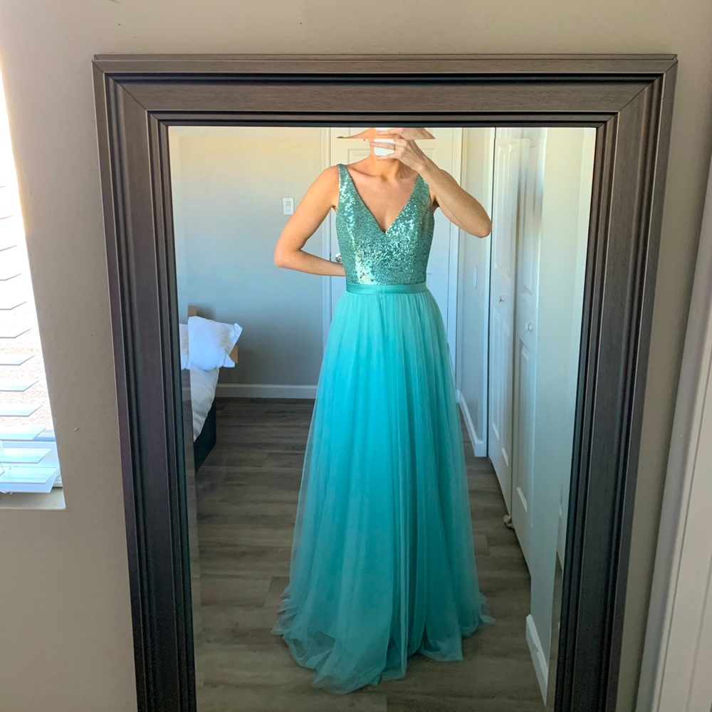 Blue tulle maxi dress with sequin top